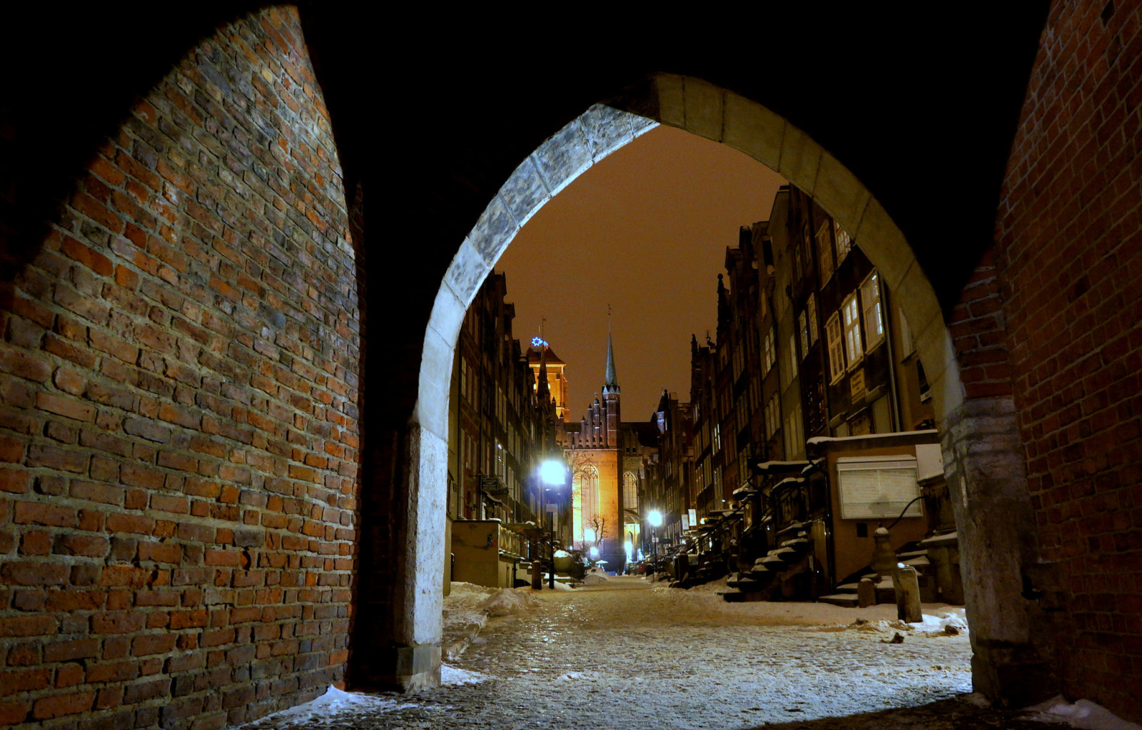 calle, invierno, luces, noche, hogar, arco, Polonia, Gdansk