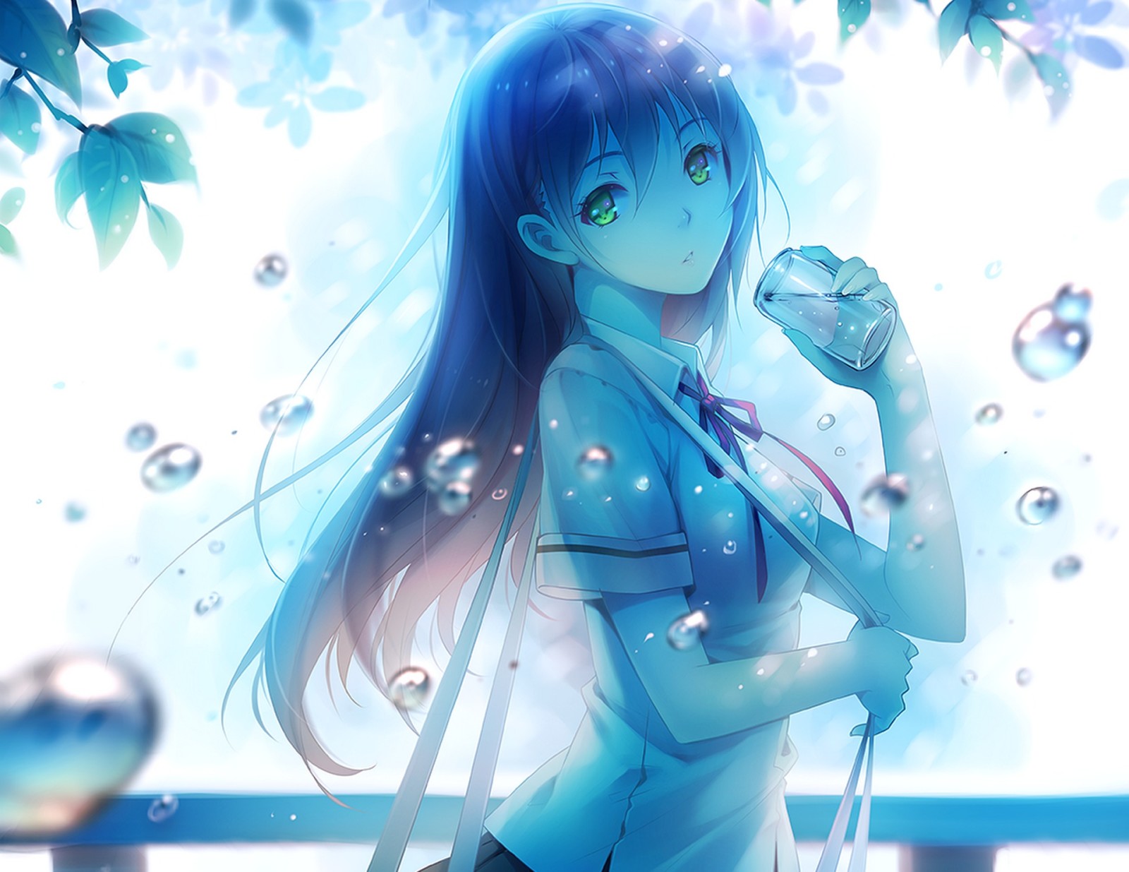 ragazza, scolara, arte, acqua, ramo, anime, Tidsean, modulo