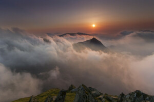 nuvens, panorama, montanhas, Nant Gwynant, o sol, País de Gales