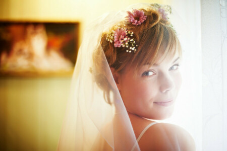 fleurs, fille, bonheur, sourire, la mariée, voile