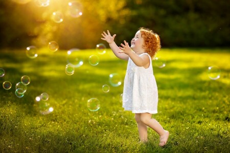 bubbles, Childhood, curls, dress, emotions, girl, grass, greens