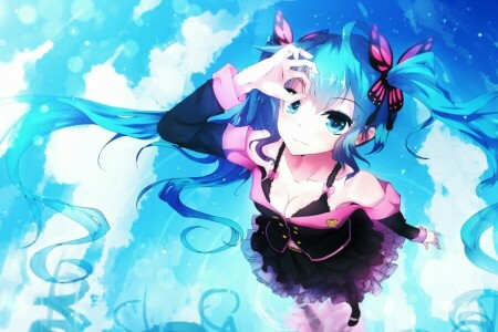 animê, arte, bai yemeng, nuvens, menina, Hatsune Miku, reflexão, o céu