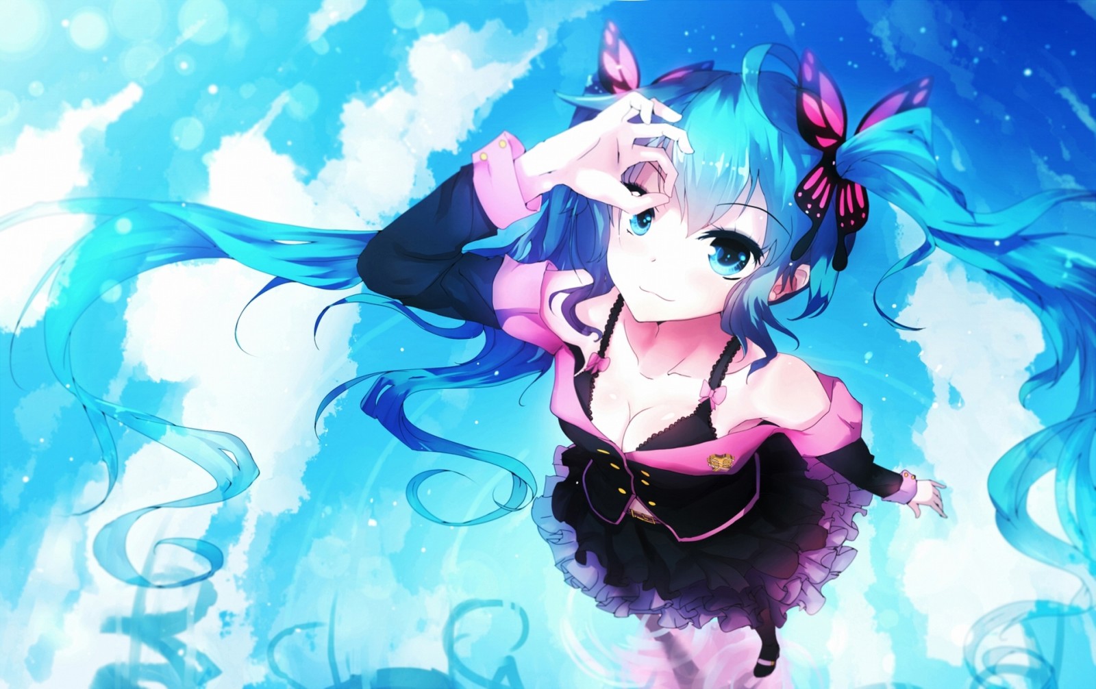 Le ciel, fille, réflexion, art, des nuages, l'eau, anime, vocaloid