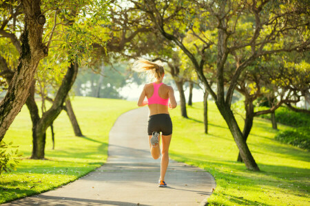 jogging, park, tečúcou, žena, posilovať