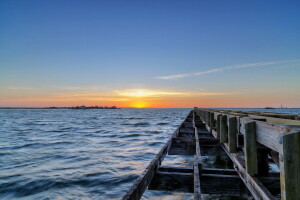 Puente, paisaje, mar, puesta de sol