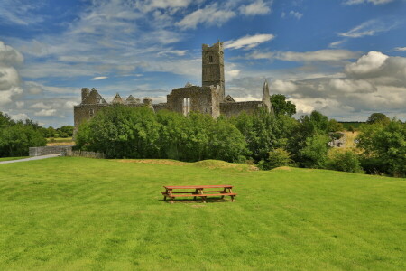 Πάγκοι, grass.greens, Ιρλανδία, γκαζόν, Quinn Abbey, τραπέζι