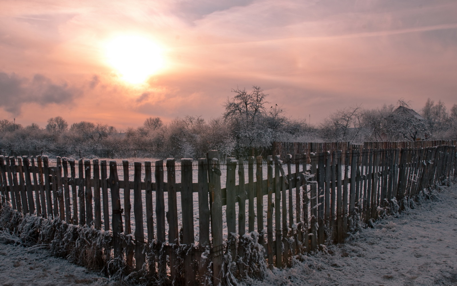 zonsondergang, winter, het hek, dorp