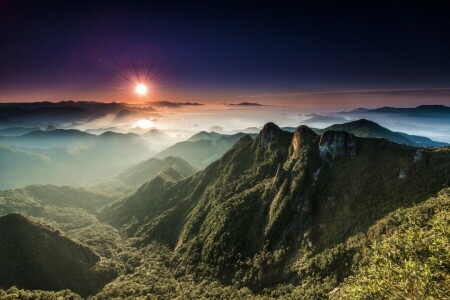 panorama, montanhas, panorama, o sol, vale