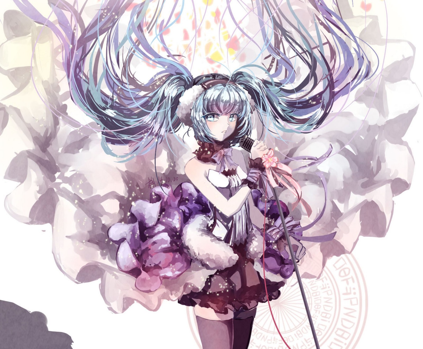 girl, flowers, art, anime, Headphones, vocaloid, hatsune miku, microphone