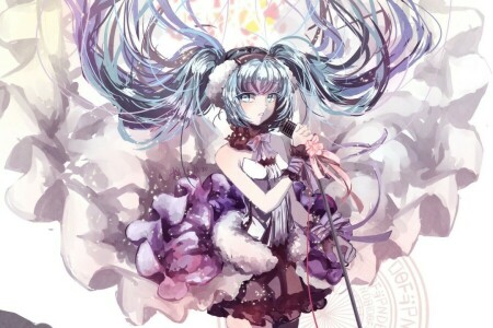 anime, art, fleurs, fille, Hatsune Miku, Écouteurs, kkkkona, microphone