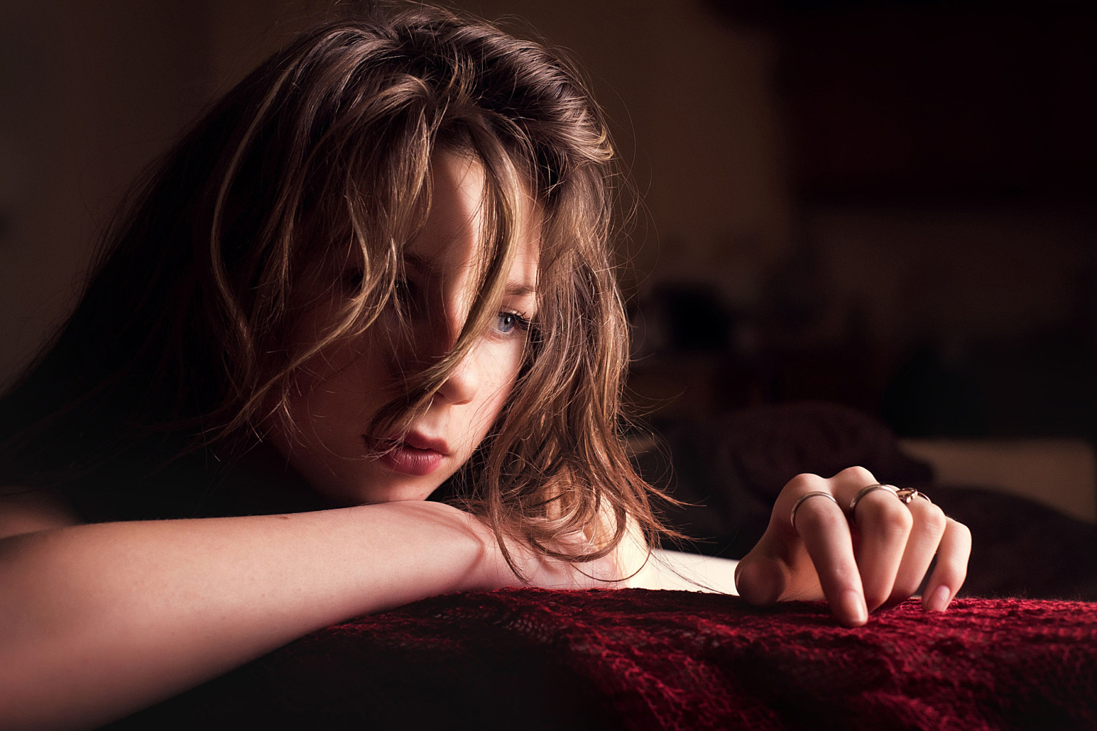 look, face, portrait, fingers, curls, ring, reverie, strands