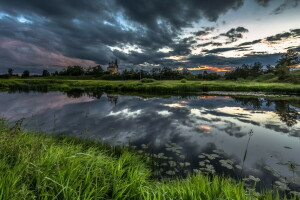 Landschaft, Nacht, Fluss, Tempel