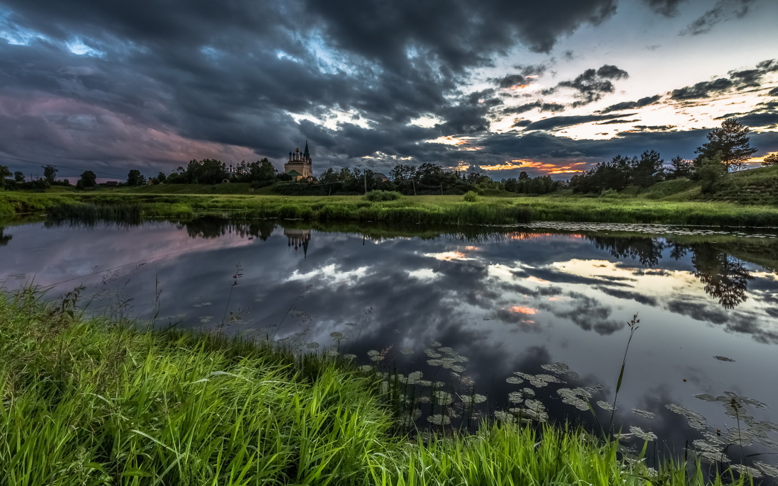 river, landscape, night, temple