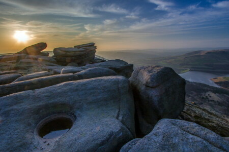 panorama, montanhas, noite