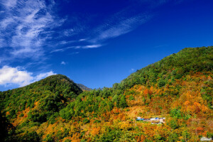 arte, autunno, nuvole, colline, Casa, montagne, il cielo, alberi