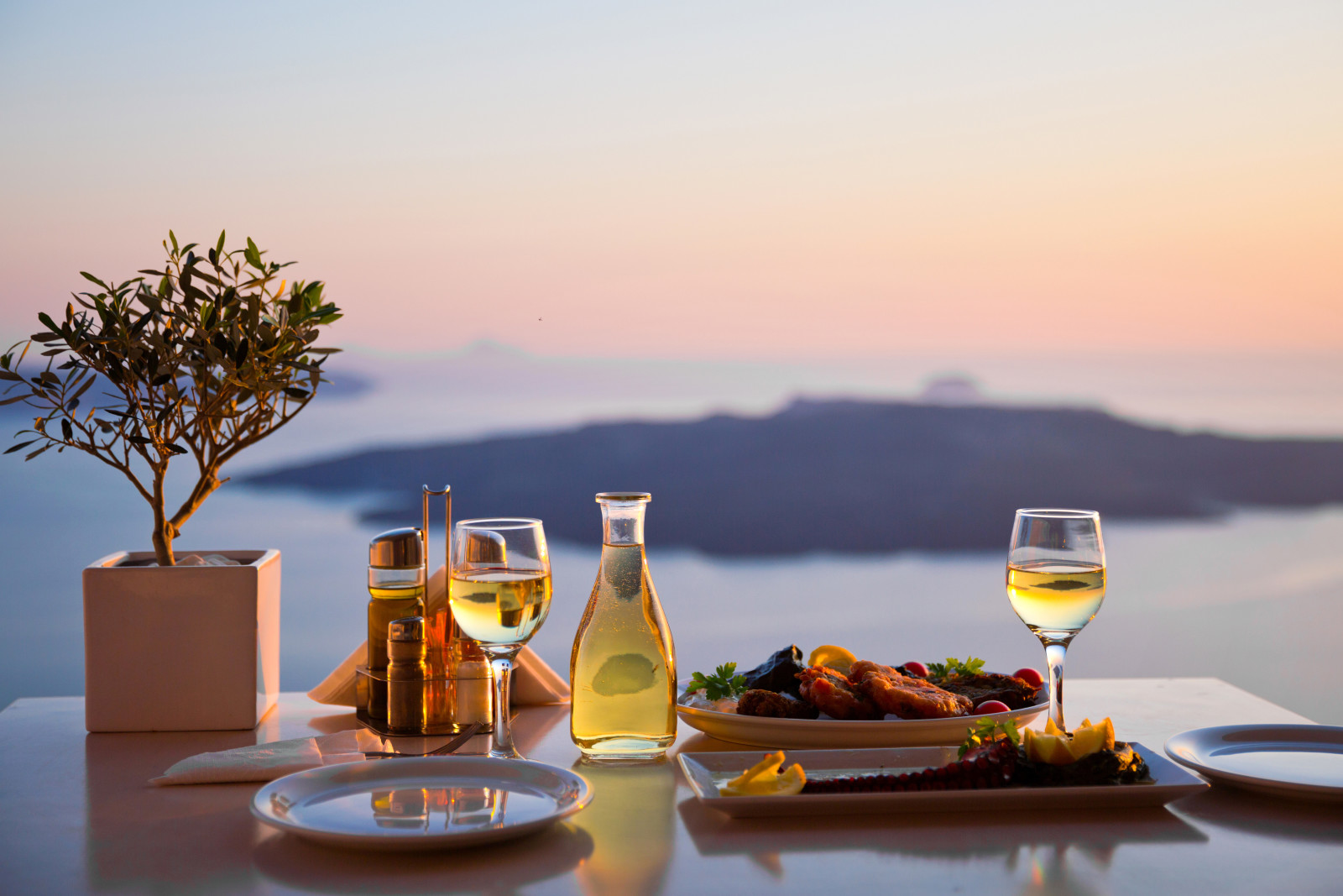 paysage, table, mer, nourriture, brouiller, des lunettes, bouteille, vue