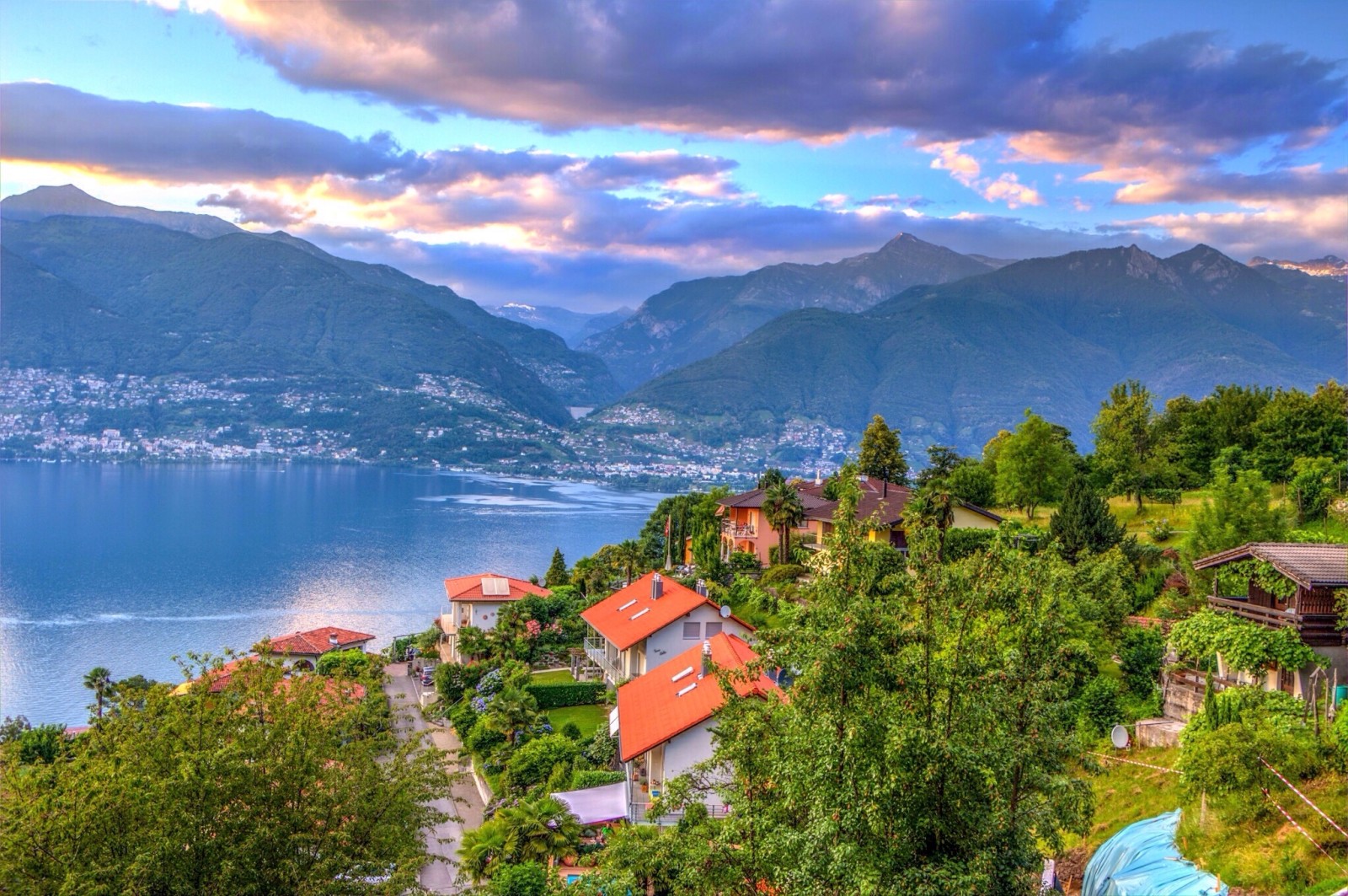 Zwitserland, meer, bergen, huis, panorama, Alpen, stad-, Ticino