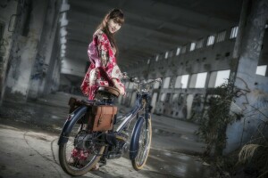 asiático, bicicleta, niña