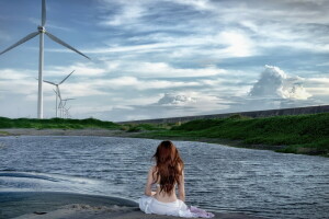 girl, lake, landscape, windmills