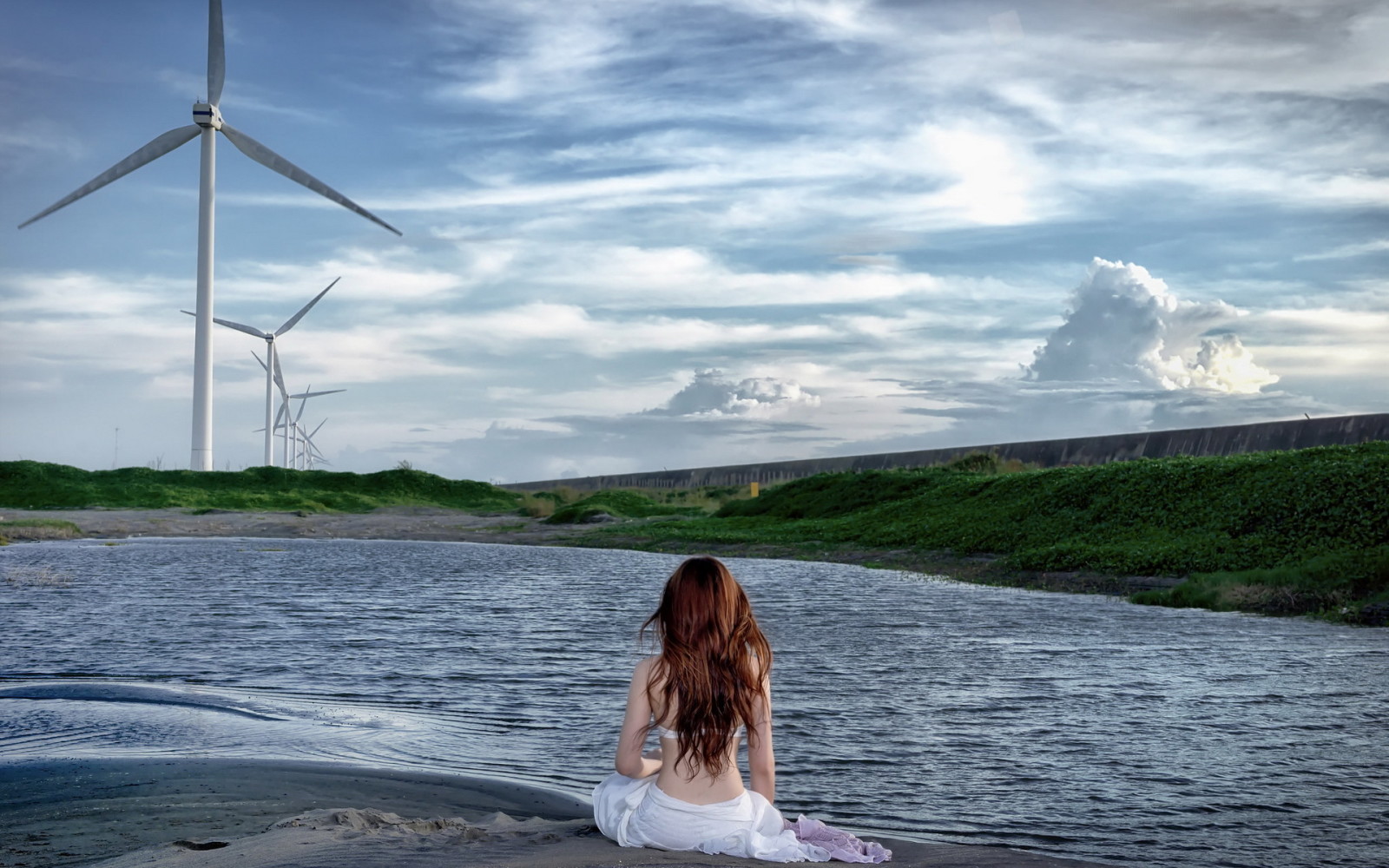 lago, ragazza, paesaggio, mulini a vento