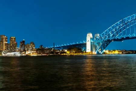 Australia, Bahía, Bay Port Jackson, Puente, Puente del Puerto, ciudad de noche, panorama, Port Jackson