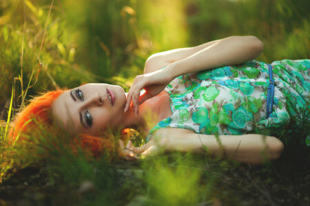 dress, girl, grass, red, summer