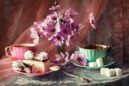 cakes, Cup, fabric, flowers, kosmeya, saucer, Still life, sugar