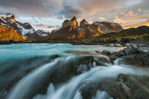 Chile, morgon-, Patagonia, flod, Sydamerika, Anderna bergen