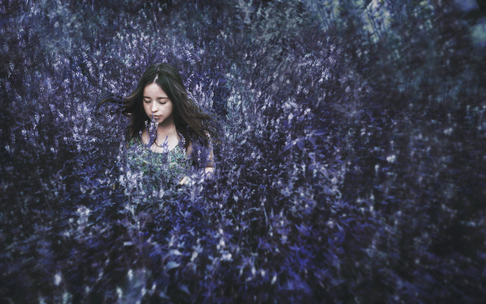 mood, girl, field, flowers