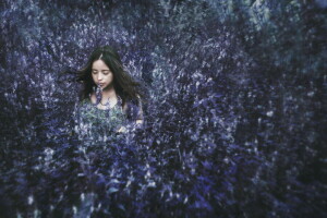 field, flowers, girl, mood