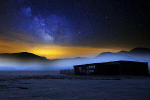 fog, mountains, night, stars, the barn, the milky way