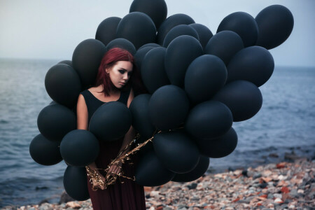 balls, beach, girl, makeup, outfit, pebbles, sadness, sea