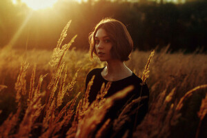 beautiful, ears, field, girl, hair, Ola Pushkina, Olga Pushkina, reflection