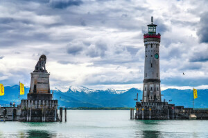 Lago Badin, Bayern, nuvens, Alemanha, Farol, Lindau, montanhas, o céu