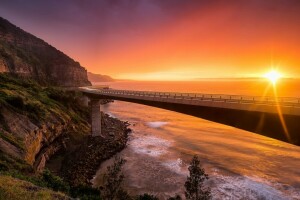 paisaje, NSW Australia, Sea Cliff Bridge, puesta de sol