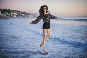 brunette, girl, jump, wave