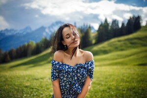 Angelina Petrova, bare shoulders, black hair, bokeh, brunette, closed eyes, clouds, Denis Petrov