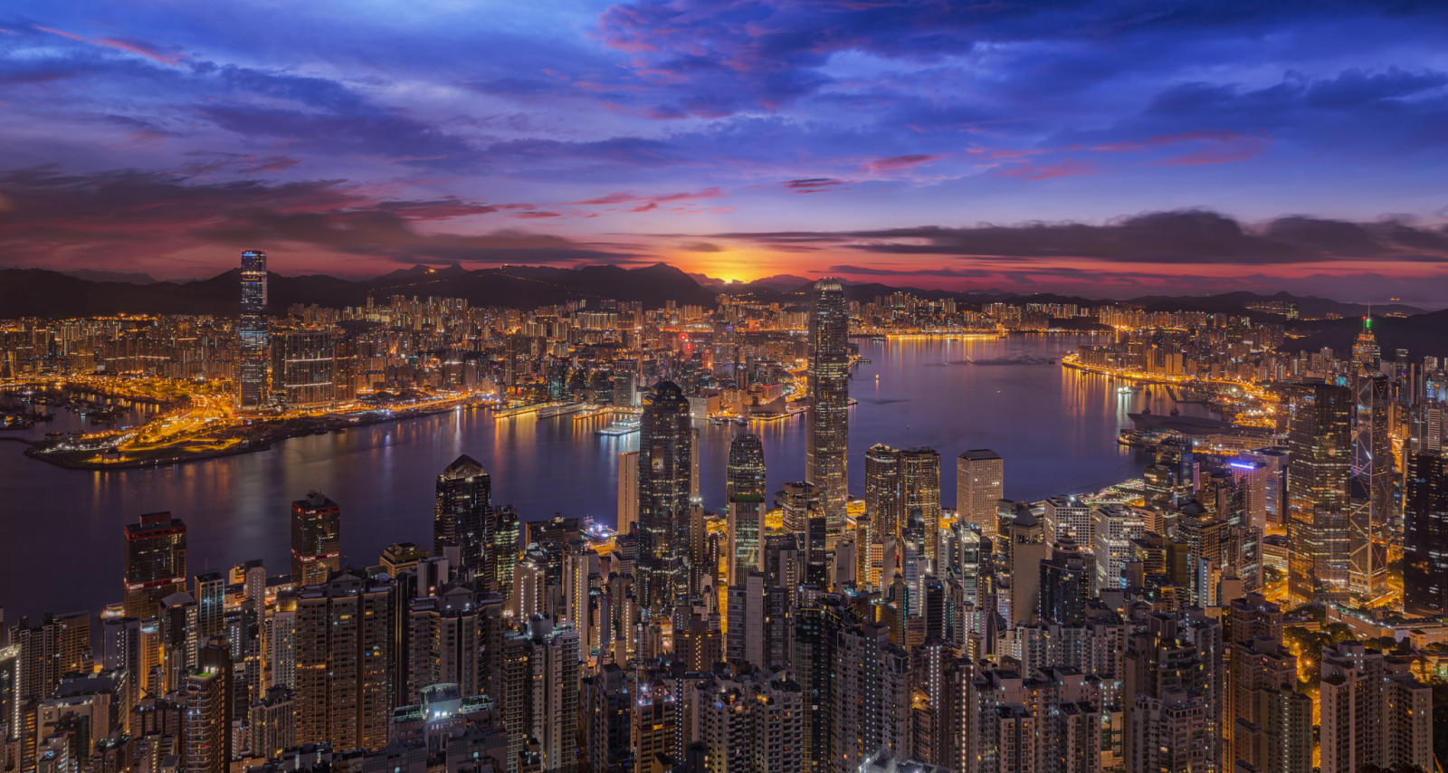 Sonnenuntergang, Bucht, Nachtstadt, Wolkenkratzer, Panorama, Gebäude, China, Hongkong