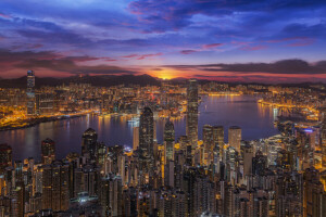 Bahía, edificio, China, Hong Kong, ciudad de noche, panorama, rascacielos, puesta de sol