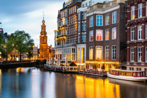 Amsterdam, building, channel, Munt Tower, Munttoren, Netherlands, promenade, ship