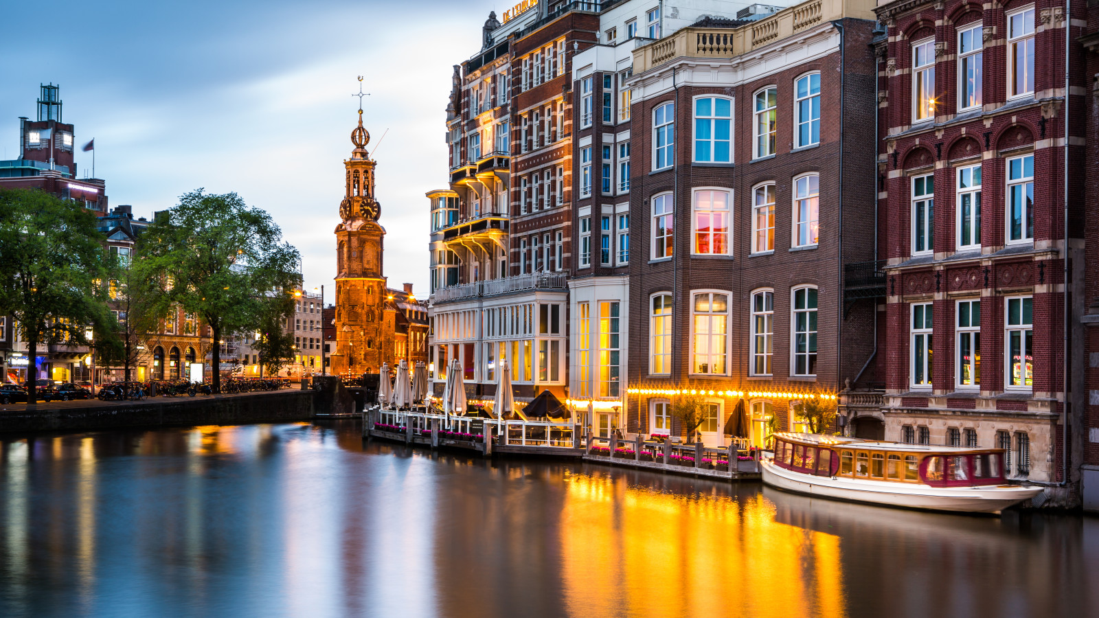 channel, ship, building, promenade, Amsterdam, Netherlands, Munt Tower, Munttoren