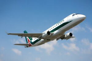 flygplats, Alitalia, moln, E175, Embraer, Italien, planet, uppgången