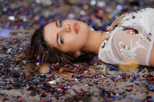 magnifique, confettis, yeux, fille, Vue