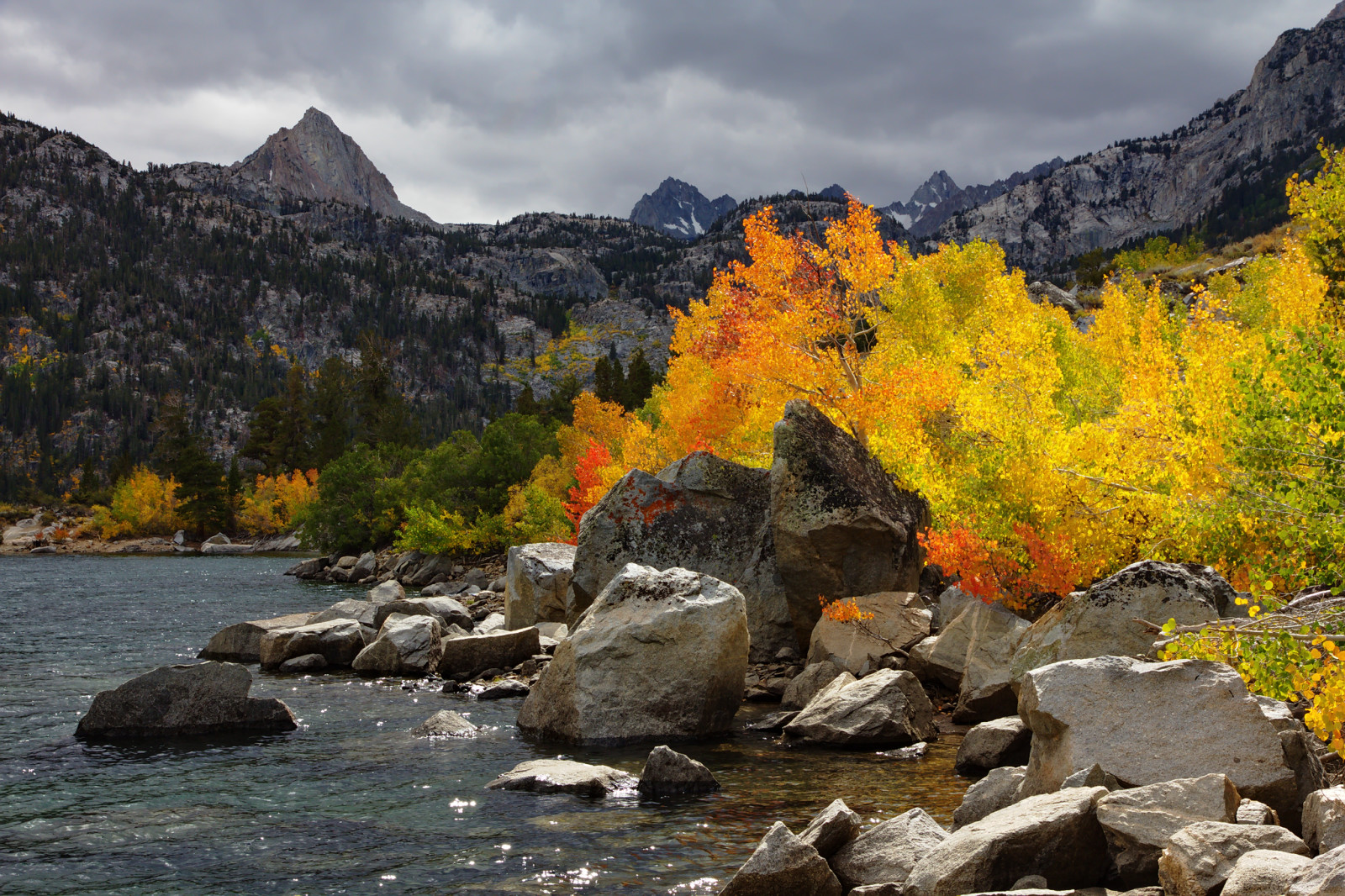 autumn, the sky, lake, stones, trees, clouds, mountains