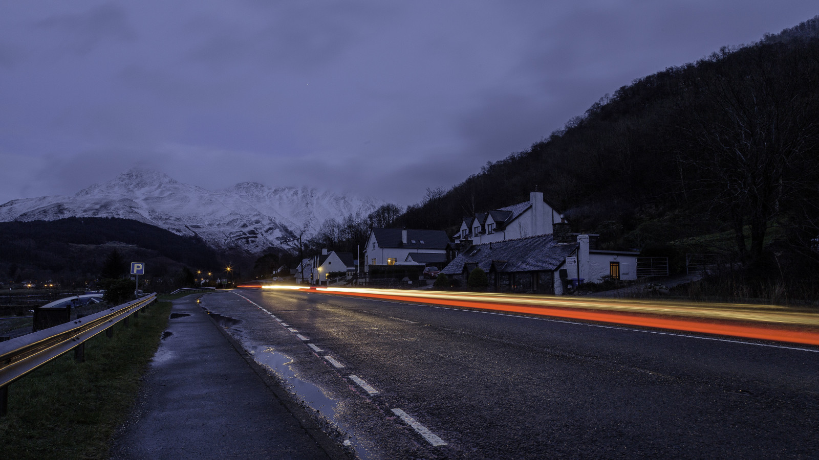 ligero, línea, invierno, la carretera, noche, nubes, montañas, hogar