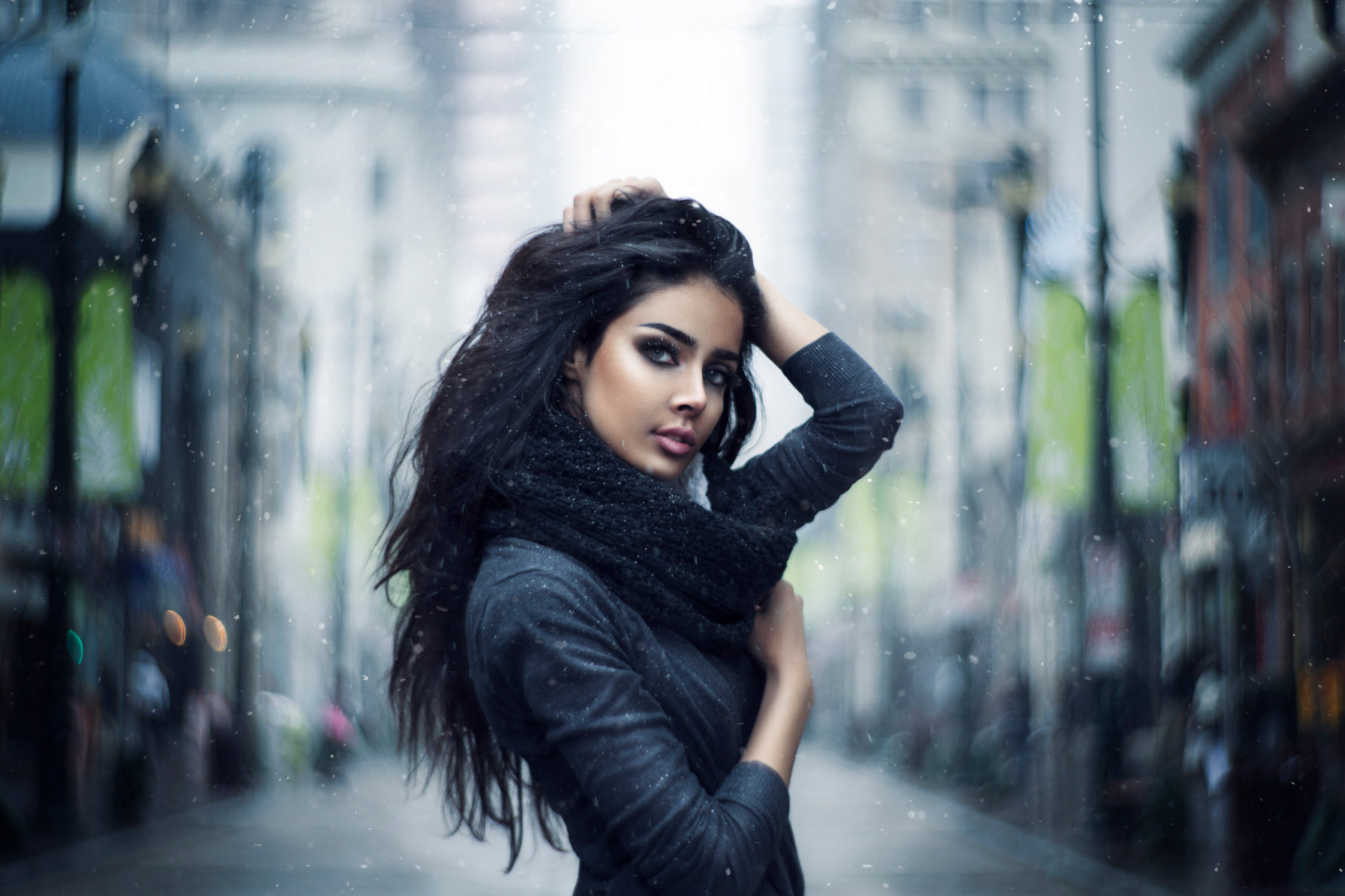 snow, the city, girl, brunette, scarf, rain