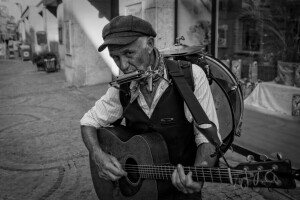 músico, rua, a cidade