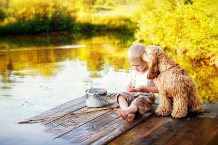 boy, bucket, Childhood, dog, fisherman, fishing, friends, river