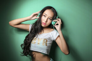 asian, background, face, girl, hair, hands, Headphones, Mike