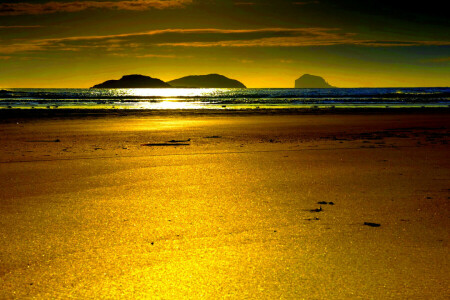 nubes, horizonte, rocas, mar, puesta de sol, el cielo